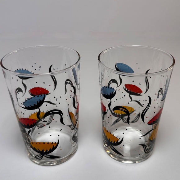 Mid Century Modern Hand-Painted Floral Glass Tumblers | Retro Atomic Barware | - Picture 7 of 8
